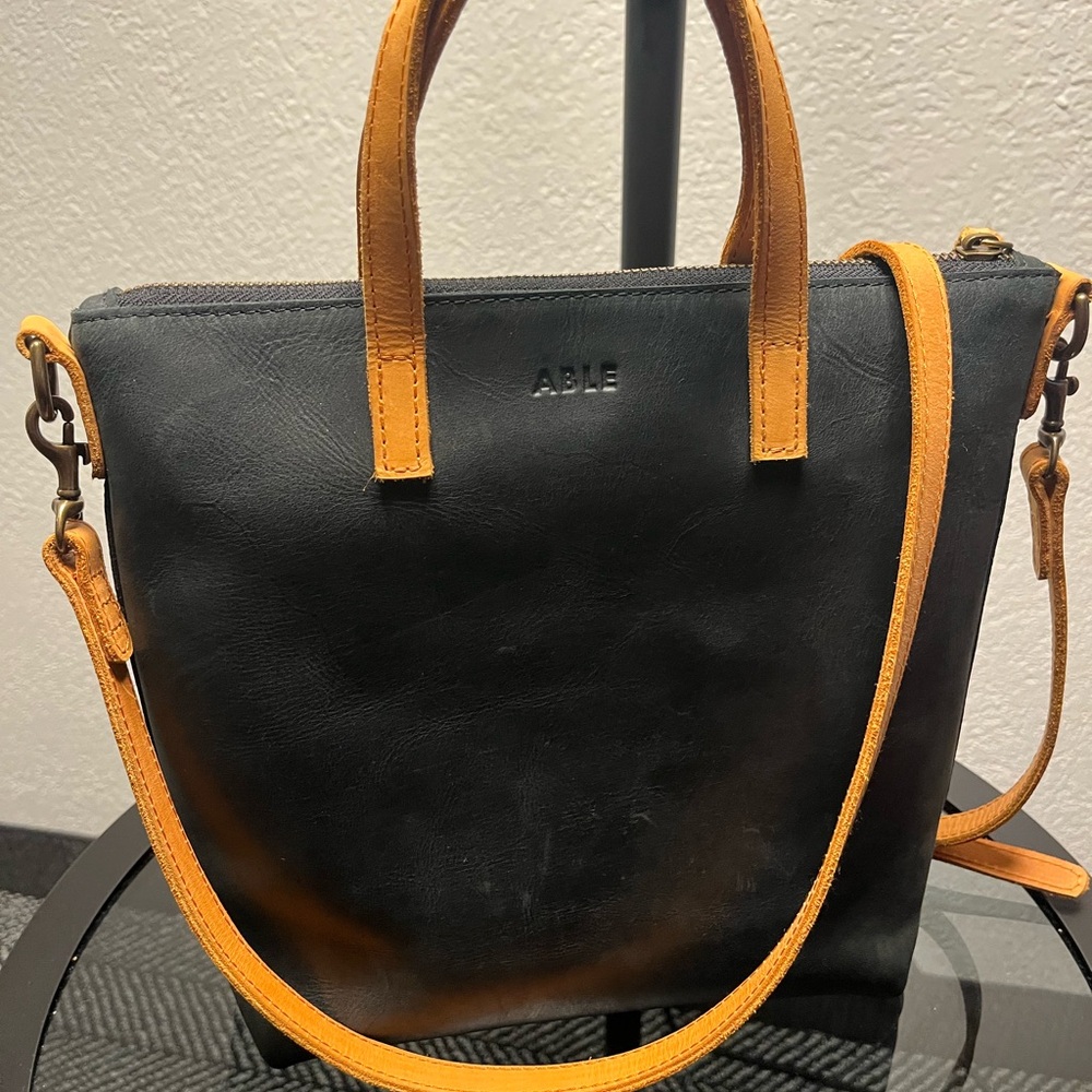 ABLE Black Leather Tote with Tan Leather Accents (crossbody) - Picture 7 of 9